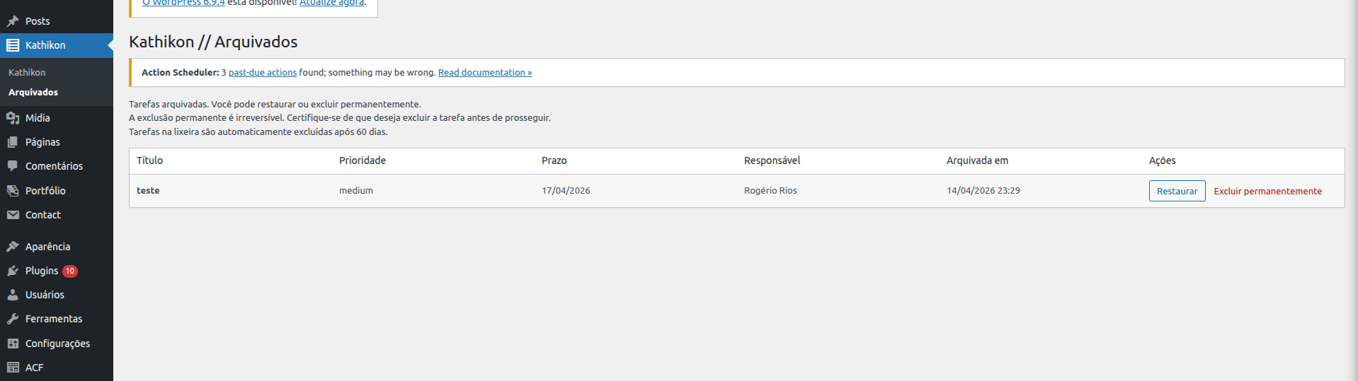 Plugin de tarefas no WordPress4 - Tarefas arquivadas