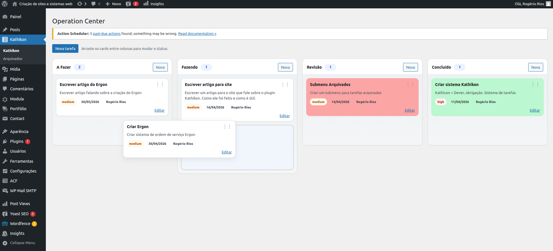 Plugin de tarefas no WordPress5 - arrastando tarefa